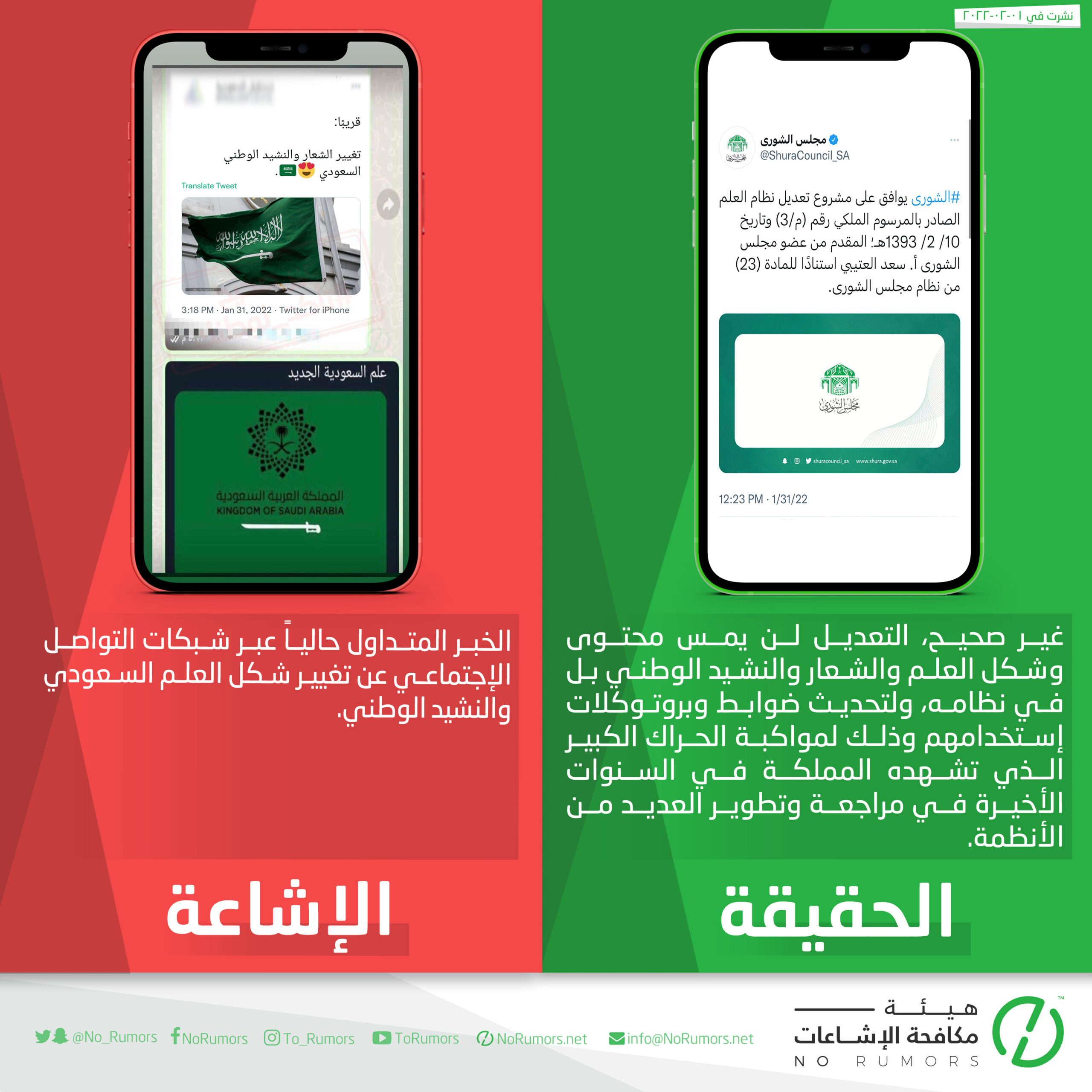 حقيقة الخبر المتداول عبر شبكات التواصل الإجتماعي عن تغيير شكل العلم السعودي والنشيد الوطني