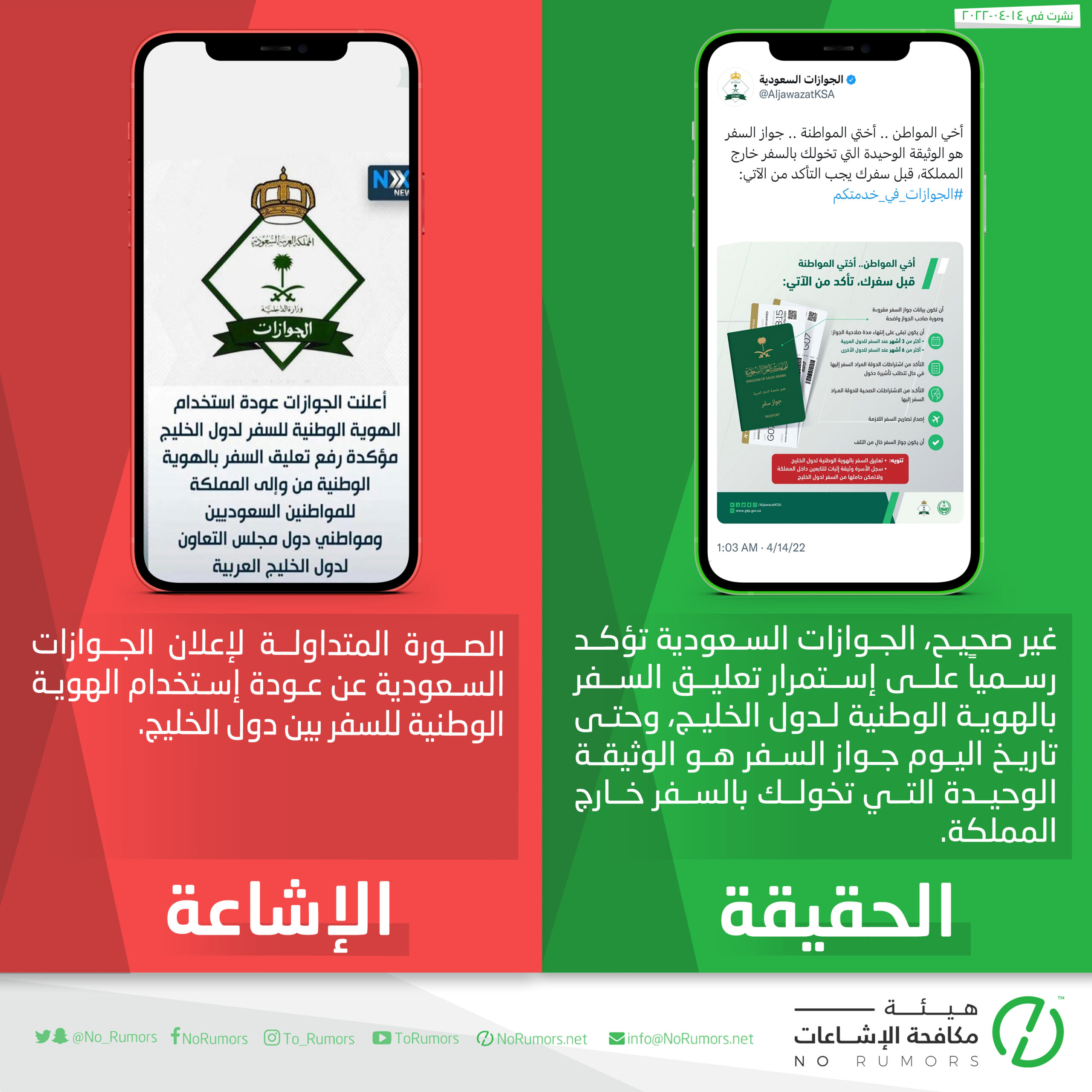 حقيقة الخبر المتداول عن إعلان الجوازات السعودية عودة إستخدام الهوية الوطنية للسفر بين دول الخليج